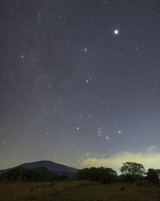 Winter constellations over Mount Etna, Sicily, Italy Winter constellations and their bright stars rising over mount Etna, Sicily, Italy. The brightest  star  in the image is actually planet Jupiter. The Pleiades star cluster can be seen at top left., by AMIRREZA KAMKAR   SCIENCE PHOTO LIBRARY