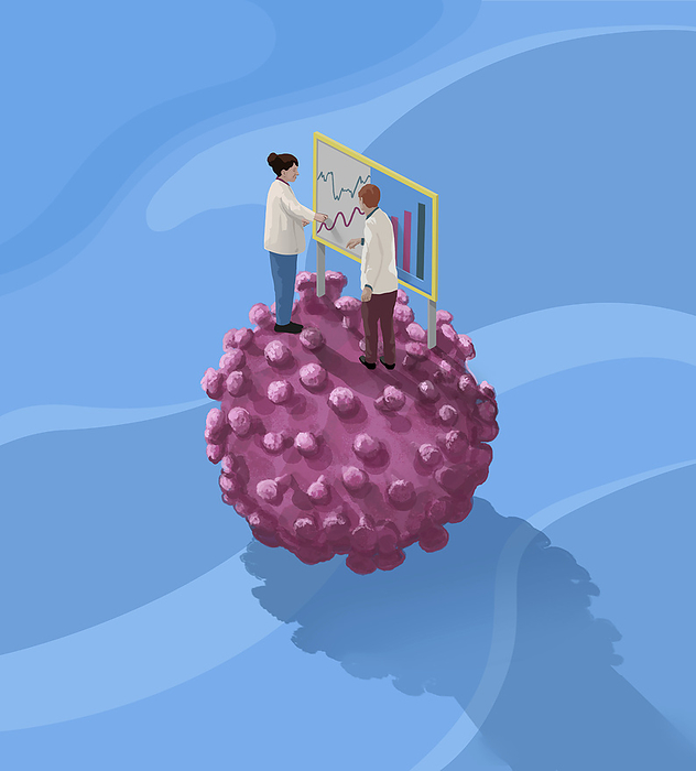 Virus study, conceptual illustration Conceptual illustration of the study of viruses, by Sam Falconer, DEBUT ART SCIENCE PHOTO LIBRARY