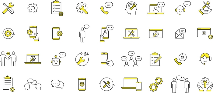 Line drawing icon set of technical support for fashionable