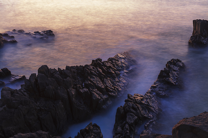Sunset over the reef and waves, Fukui Pref.