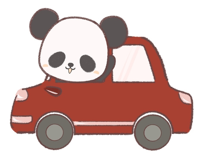 Clip art of panda peeking out from a red car
