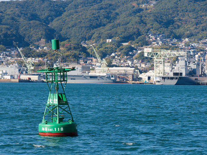 Self-Defense Force and U.S. military vessels docked at Sasebo Port