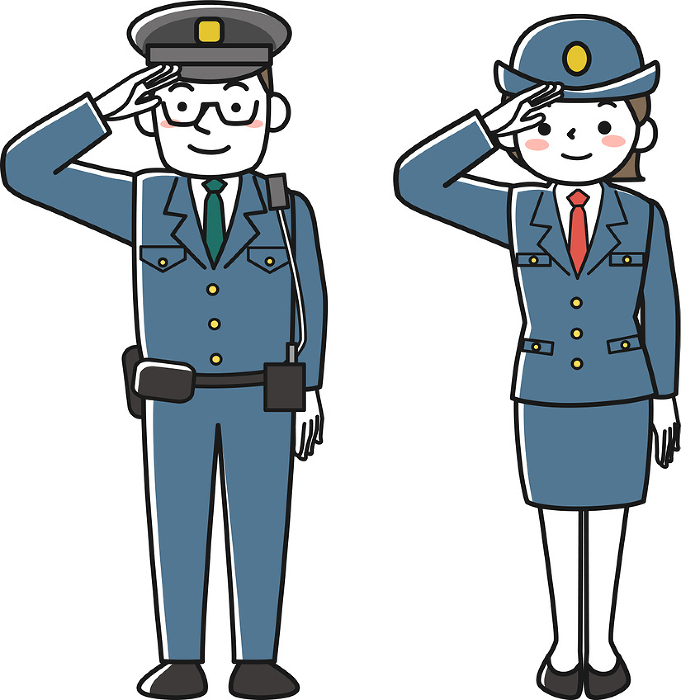 Male and female police officers saluting