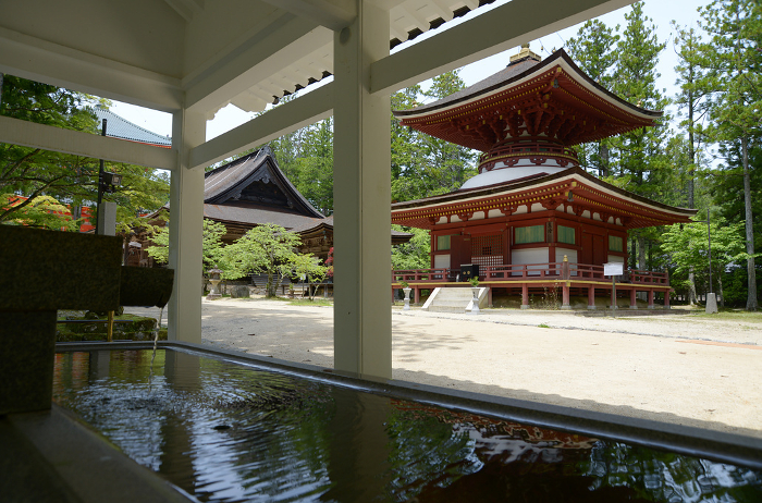 View of the East Pagoda from the Tezumisha at Kongobuji Temple, Koyasan, Koya Town, Wakayama Prefecture