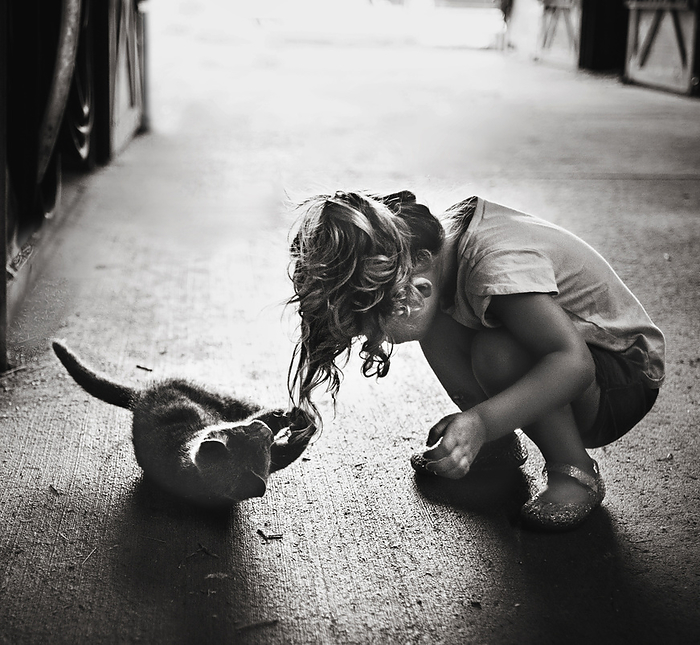 Little girl with long hair playing with kitten in barn, by Cavan Images / Joy Faith