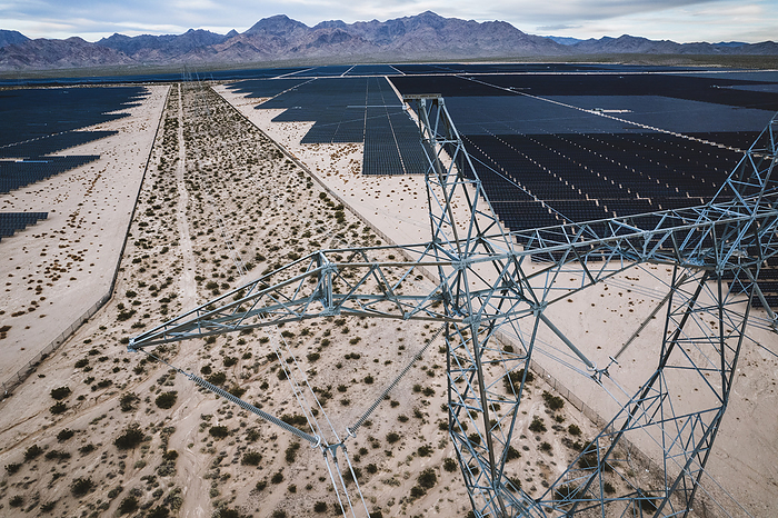 High tension wires and industrial solar farm in Primm, Nevada, by Cavan Images / Chris Bennett