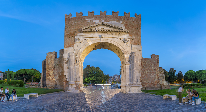 View of Arch of Augustus  Arco d Augusto  at dusk, Rimini, Emilia Romagna, Italy, Europe View of Arch of Augustus  Arco d Augusto  at dusk, Rimini, Emilia Romagna, Italy, Europe, by Frank Fell