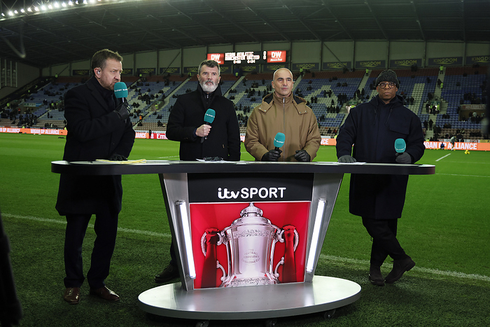 Wigan Athletic v Manchester United    Emirates FA Cup Third Round ITV TV Presenters and pundits Mark Pougatch, Roy Keane, Roberto Martinez, and Ian Wright on the side line before the Emirates FA Cup Third Round match between Wigan Athletic and Manchester United at DW Stadium on January 8, 2024 in Wigan, England.   WARNING  This Photograph May Only Be Used For Newspaper And Or Magazine Editorial Purposes. May Not Be Used For Publications Involving 1 player, 1 Club Or 1 Competition Without Written Authorisation From Football DataCo Ltd. For Any Queries, Please Contact Football DataCo Ltd on  44  0  207 864 9121