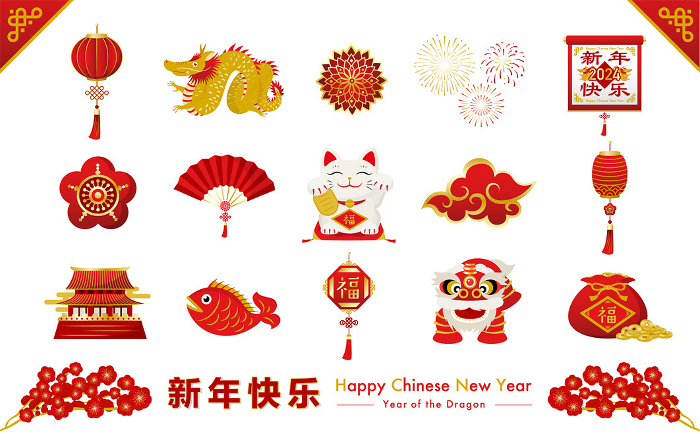 Vector illustration set of Chinese New Year decorations and symbols for Chinese New Year 2024_red
