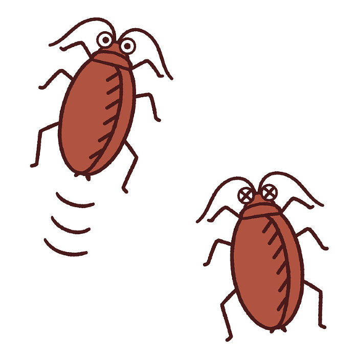 Cute illustration of a moving cockroach and a beaten cockroach.