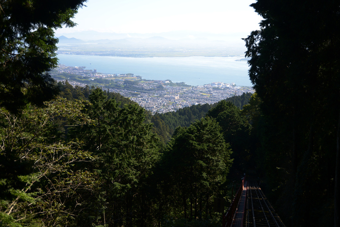 View of Lake Biwa from the cable car at Enryakuji Temple on Mt. Hieizan Sakamoto, Otsu City, Shiga Prefecture