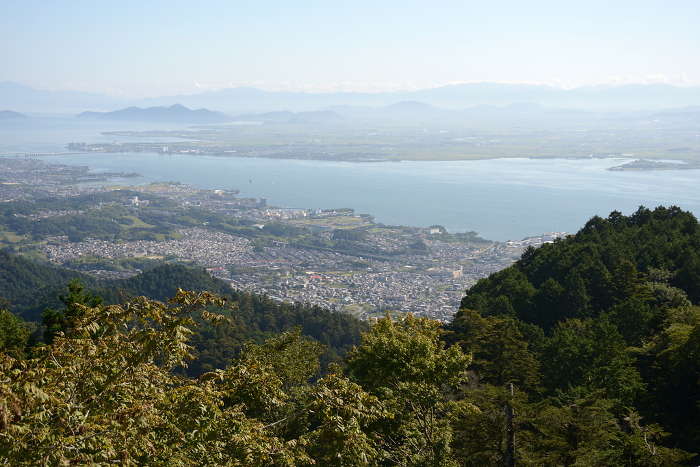 View of Lake Biwa from the precincts of the East Pagoda of Enryakuji Temple on Mount Hiei Sakamoto, Otsu City, Shiga Prefecture