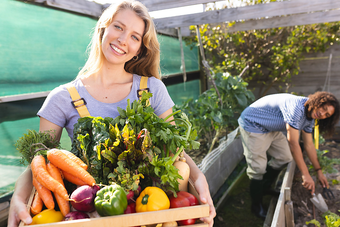 Happy blonde caucasian woman holding vegetables and smiling in sunny greenhouse. Organic food, self sufficiency, organic vegetables, healthy lifestyle, unaltered.