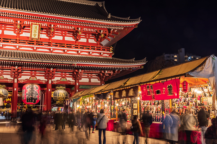 Scenery of Hagoita Market at Sensoji Temple Tokyo Night View