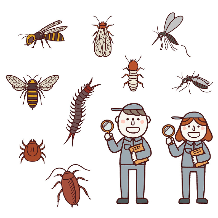Realistic pests and male and female exterminator illustration set