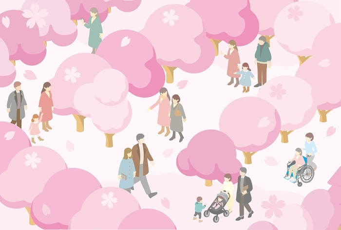 frame isometric People Family Kids Spring Cherry Blossom Cherry Blossom Background Illustration