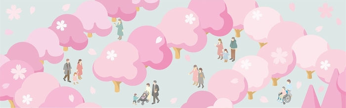 banner frame isometric people family kids spring cherry blossom cherry blossom background illustration