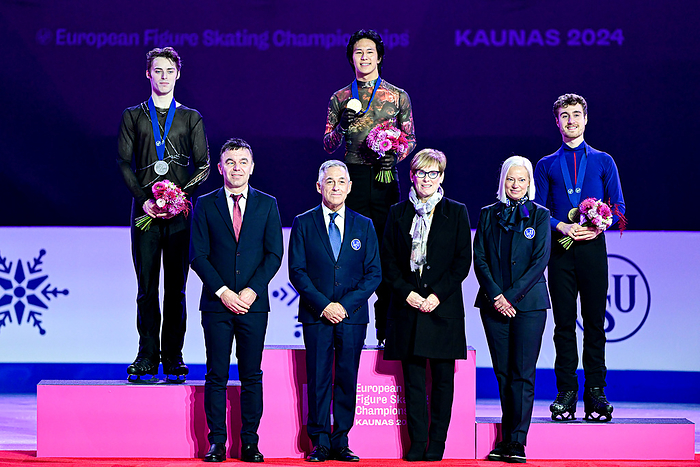ISU European Figure Skating Championships 2024 Men Awards, L R, Aleksandr SELEVKO  EST  second place, Adam SIAO HIM FA  FRA  first place, Matteo RIZZO  ITA  third place, during the Victory Ceremony, at the ISU European Figure Skating Championships 2024, at Nas algiris Arena, on January 12, 2024 in Kaunas, Lithuania  Photo by Raniero Corbelletti AFLO 