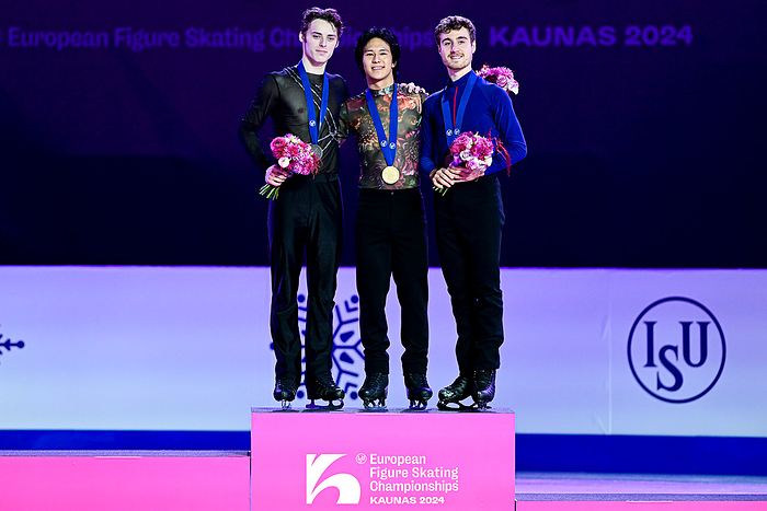 ISU European Figure Skating Championships 2024 Men Awards, L R, Aleksandr SELEVKO  EST  second place, Adam SIAO HIM FA  FRA  first place, Matteo RIZZO  ITA  third place, during the Victory Ceremony, at the ISU European Figure Skating Championships 2024, at Nas algiris Arena, on January 12, 2024 in Kaunas, Lithuania  Photo by Raniero Corbelletti AFLO 