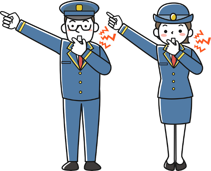 Female and male station attendants signaling by blowing whistles