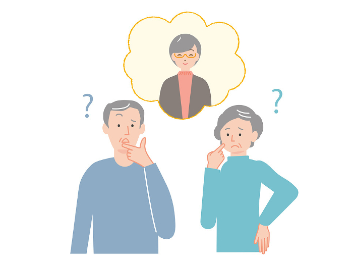 Illustration set of an elderly couple who cannot remember people's names