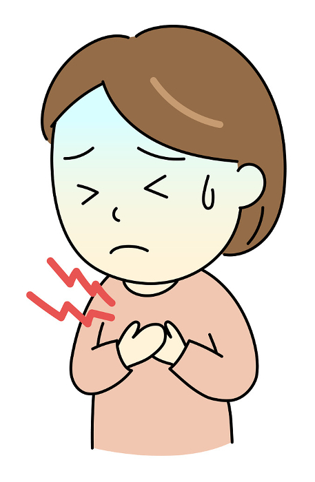 Illustration of a distressed young woman holding her breast