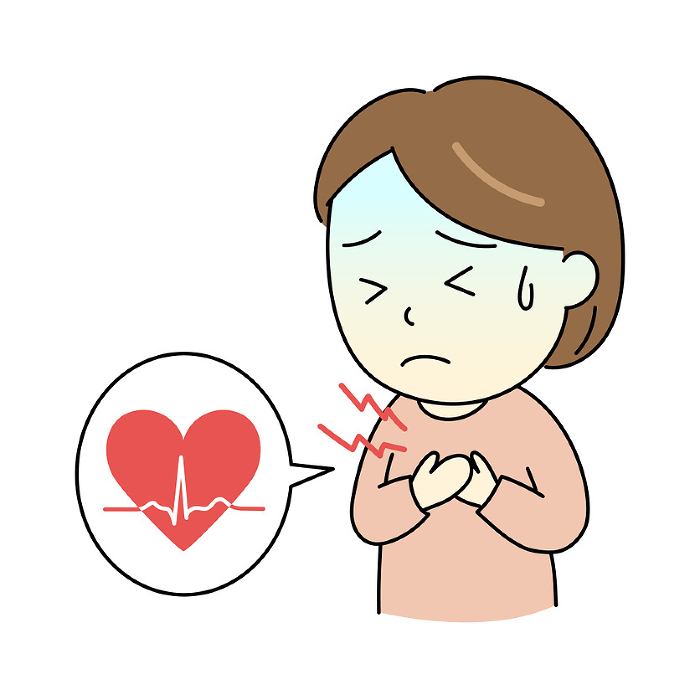Illustration of a young woman suffering from arrhythmia and an electrocardiogram
