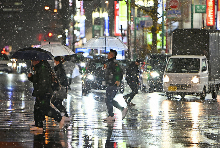 First snowfall observed in central Tokyo People cross the street at a pedestrian crossing with umbrellas in the snow, 5:45 p.m., January 13, 2024, in Shinjuku Ward, Tokyo  photo by Ririko Maeda.