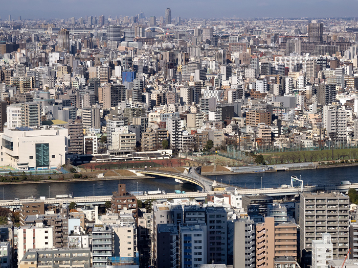 Residential area in Tokyo Sumida River and Sakura Bridge