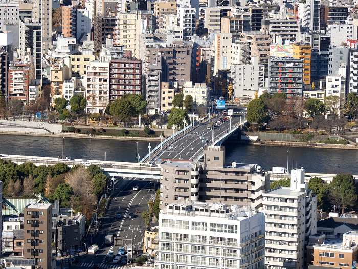 Residential area in Tokyo Sumida River and Kototoi Bridge