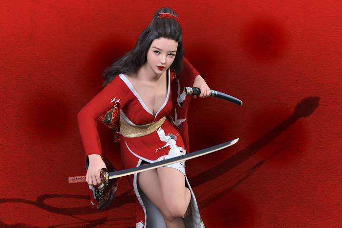 Japanese woman in red kimono fighting with sword in hand