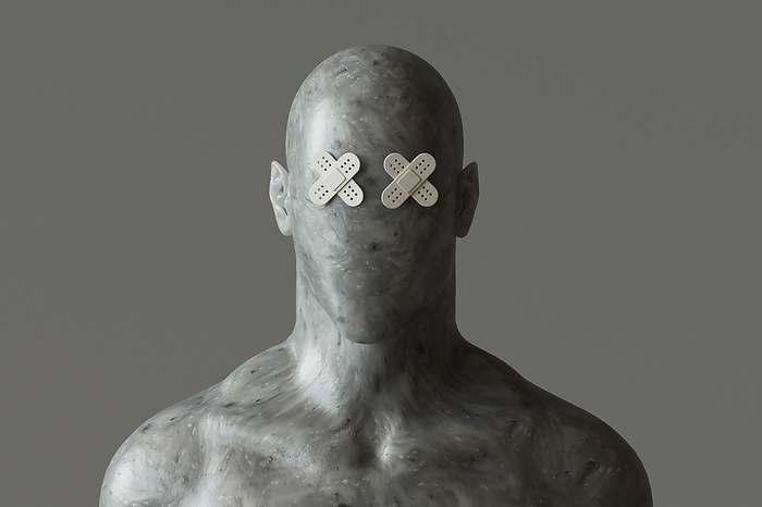 Mannequin with band aid eyes against gray background