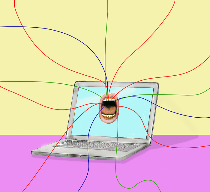 Laptop with screaming mouth and multi colored wires