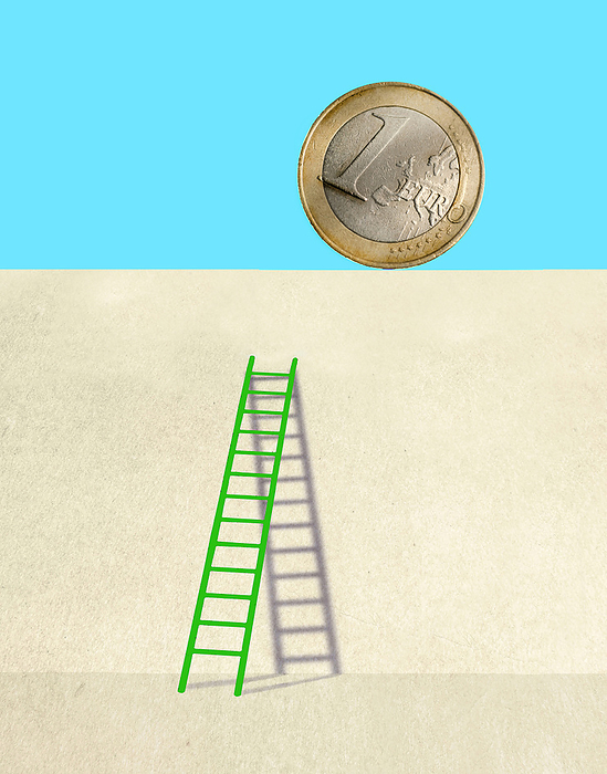 Ladder leaning on wall with one euro coin