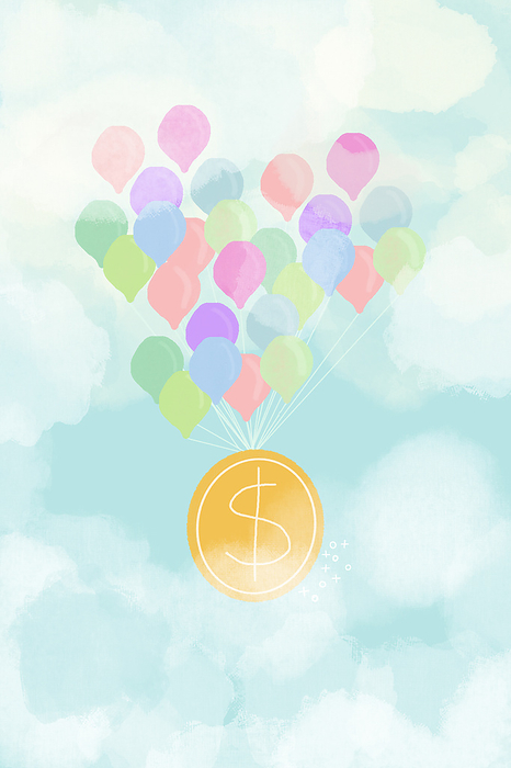 Coin tied to bunch of balloons flying in clouds