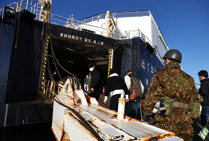 Earthquake of Magnitude 7 in Noto District Large Ferry Receives Victims Survivors board the vessel  Hakuou,  which will be used to support disaster victims, in Nanao City, Ishikawa Prefecture, Japan, at 3:06 p.m. on January 14, 2024  photo by Takeshi Inokai .