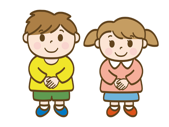 Boy and girl facing front with hands folded in front of them in a well-mannered manner_Elementary school early grades_Toddler