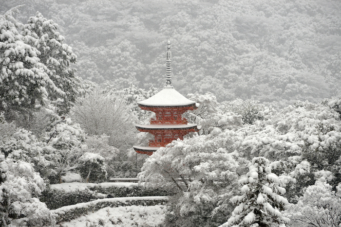 Kiyomizu Temple Koyasato Pagoda in snow Higashiyama-ku, Kyoto
