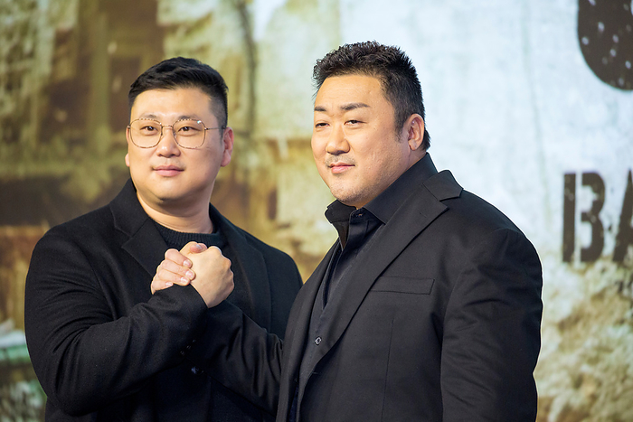 Press conference for the upcoming Netflix film,  Badland Hunters  in Seoul Heo Myeong Haeng and Ma Dong Seok, Jan 16, 2024 :  L R  Director Heo Myeong Haeng and actor Ma Dong Seok  Don Lee  pose at a press conference for the upcoming Netflix film, Badland Hunters  in Seoul, South Korea. The film tells the stories of individuals fighting to survive in an apocalypse caused by a large earthquake.  Badland Hunters  will premiere on Netflix, January 26.  Photo by Lee Jae Won AFLO 