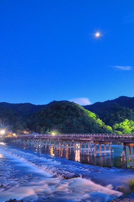 Night Sky over Arashiyama and Togetsu Bridge in Summer Kyoto City, Kyoto Prefecture