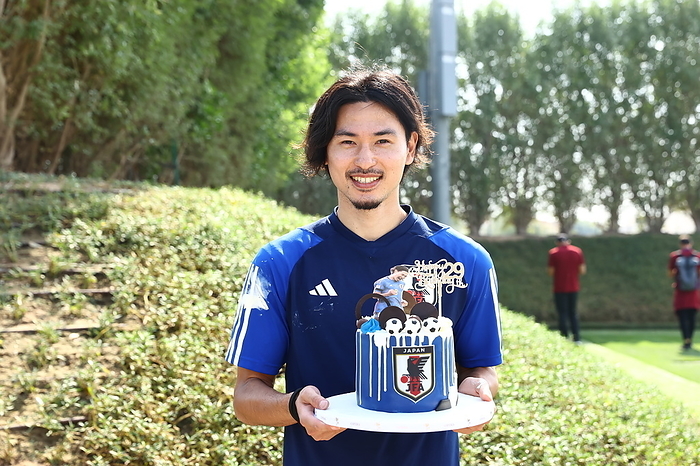 AFC Asian Cup Qatar 2023 Japan training session Japan s Takumi Minamino is celebrated his 29th birthday during a training session in Doha, Qatar, January 16, 2024.  Photo by JFA AFLO 