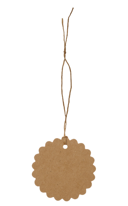 Round tag made of brown kraft paper with rope on isolated background Round tag made of brown kraft paper with rope on isolated background