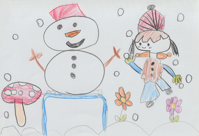 A child's drawing of a snowman