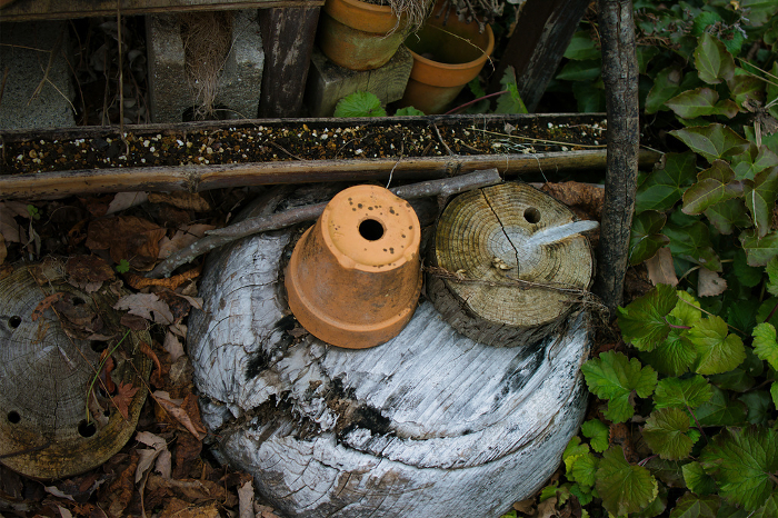 Disused old flower pots placed in the garden