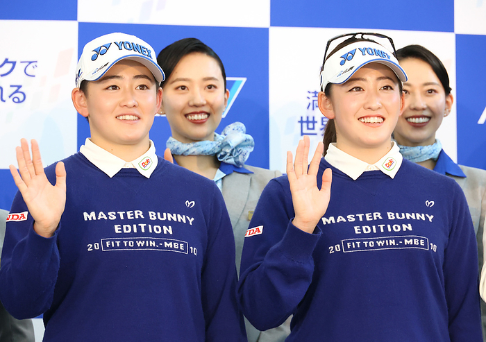 Twin professional golfers Akie and Chisato Iwai agreed sponsorship with ANA January 19, 2024, Tokyo, Japan   Japan s twin professional golfers Akie Iwai  L  and Chisato Iwai  R  pose for photo as they signed a sponsorship agreement with All Nippon Airways  ANA  at the Haneda airport in Tokyo on Friday, January 19, 2024. 5 pairs of ANA s twins employees attended the ceremony.    photo by Yoshio Tsunoda AFLO 