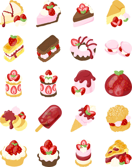 Cakes, ice cream, cream puffs, pies, and other pretty and delicious strawberry icons.