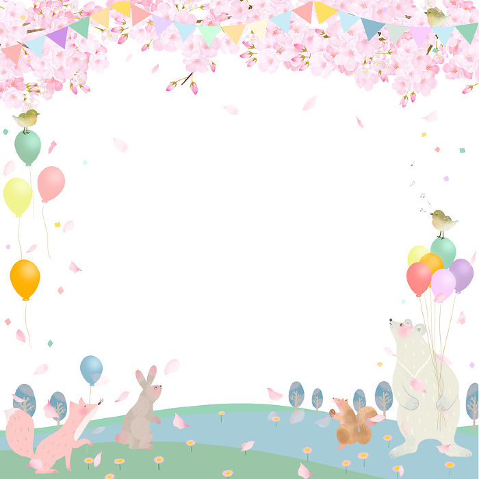 Frame illustration with cute springtime Scandinavian style balloons of forest animals under a blue sky and cherry blossom trees in full bloom.