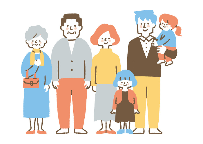 A family of six close friends standing side by side_color