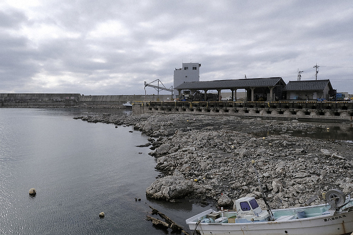 Major Earthquake of Magnitude 7 in Noto District, Wajima City, Ishikawa Prefecture Shikaiso fishing port, where the water surface  foreground  was uplifted by the earthquake and turned into land, in Monzen cho, Wajima City, Ishikawa Prefecture, January 19, 2024.