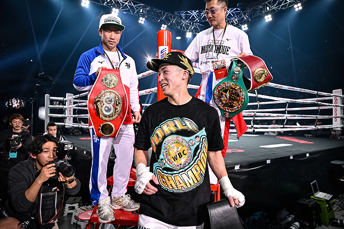 Naoya Inoue v Marlon Tapales four belt world super bantamweight title unification boxing bout WBC and WBO super bantamweight champion Naoya Inoue of Japan celebrates with his brother Takuma Inoue  L  and trainer and father Shingo Inoue  R  after defeating WBA and IBF super bantamweight champion Marlon Tapales of the Philippines  not pictured  by a tenth round KO in their four belt world super bantamweight title unification boxing bout at Ariake Arena in Tokyo, Japan on December 26, 2023.  Photo by Hiroaki Finito Yamaguchi AFLO 